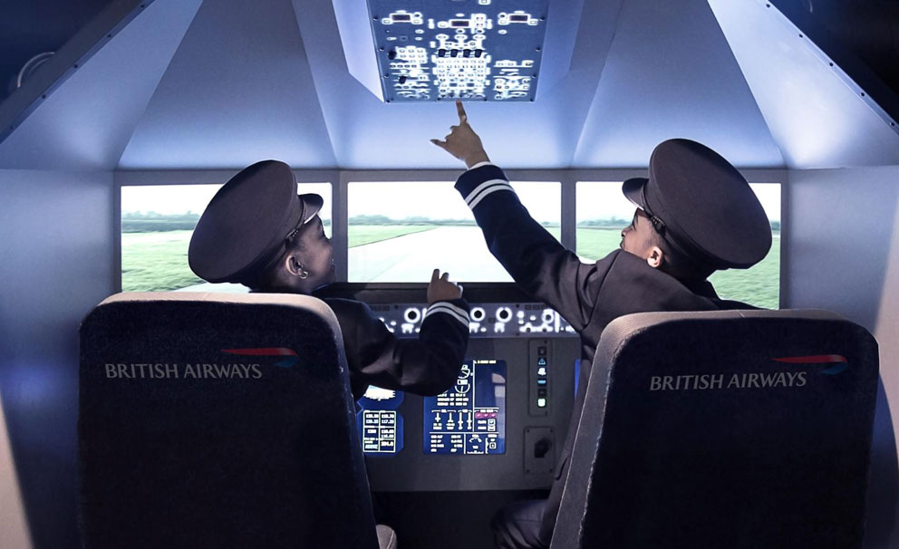 child pilots in cockpit